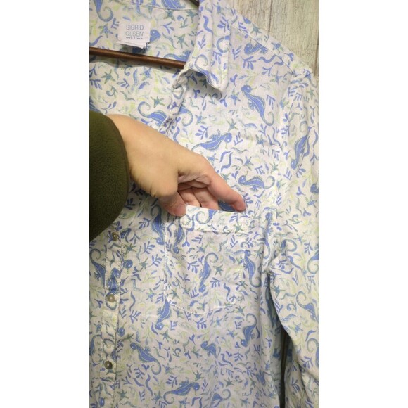 Sigrid Olsen 100% Linen Tunic Button Up Shirt Sea Horse Nautical Starfish Large - Picture 7 of 13
